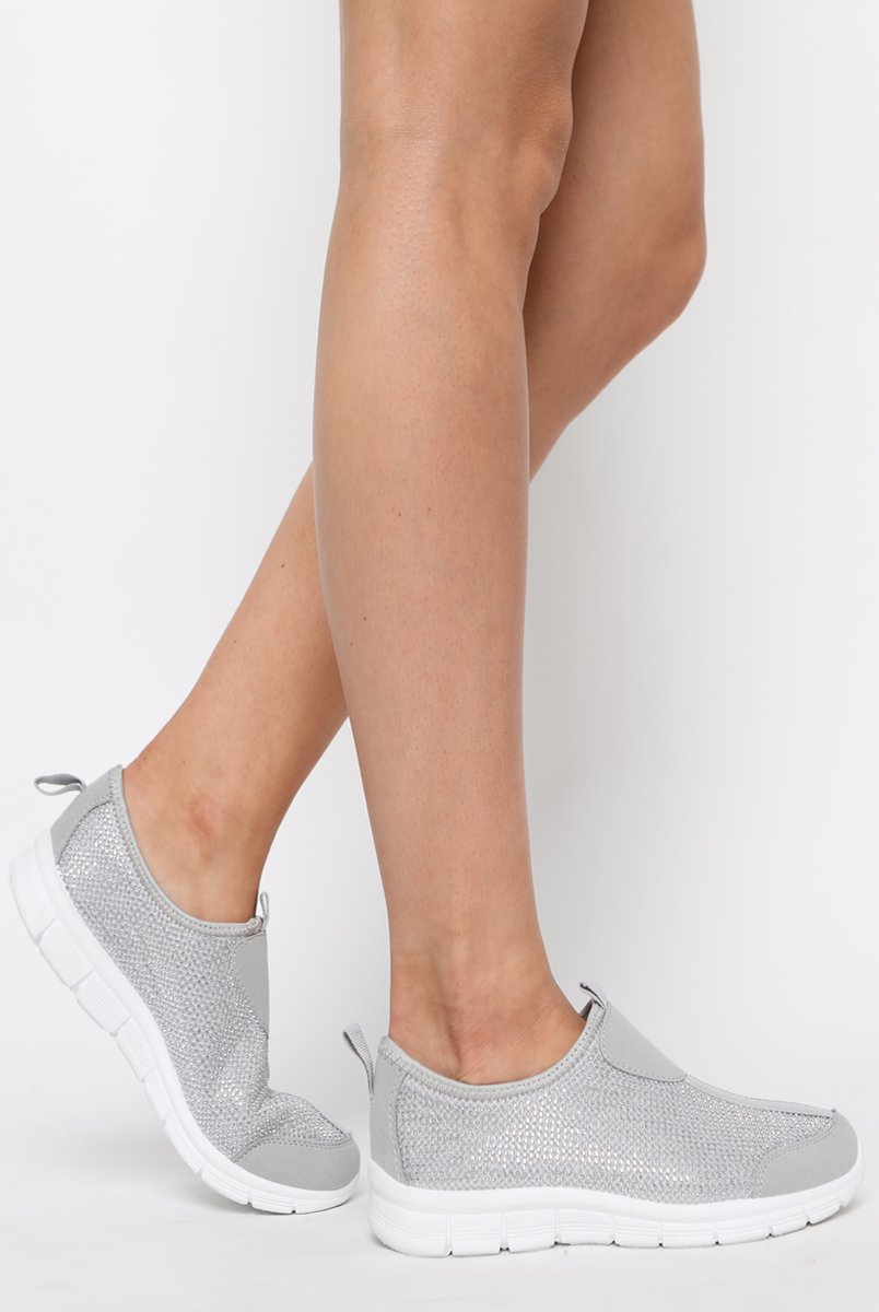 Grey Diamante Sparkle Stretch Trainers - Hani-Trainers