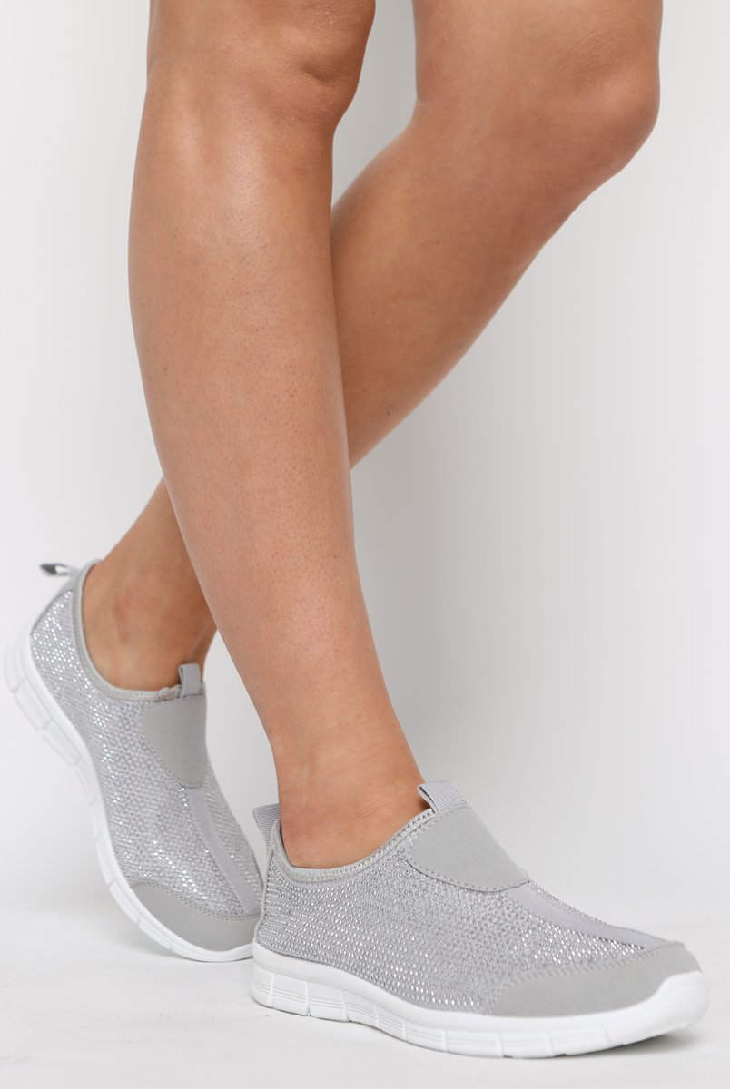 Grey Diamante Sparkle Stretch Trainers - Hani-Trainers