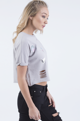 Grey Distressed Badge Detail Crop Top - Toni-Crop Tops