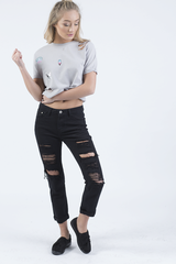 Grey Distressed Badge Detail Crop Top - Toni-Crop Tops