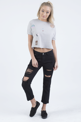 Grey Distressed Badge Detail Crop Top - Toni-Crop Tops