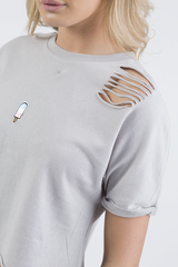 Grey Distressed Badge Detail Crop Top - Toni-Crop Tops