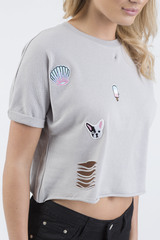 Grey Distressed Badge Detail Crop Top - Toni-Crop Tops