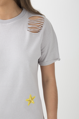 Grey Distressed Badge Detail T Shirt Dress - Kalani-Dresses