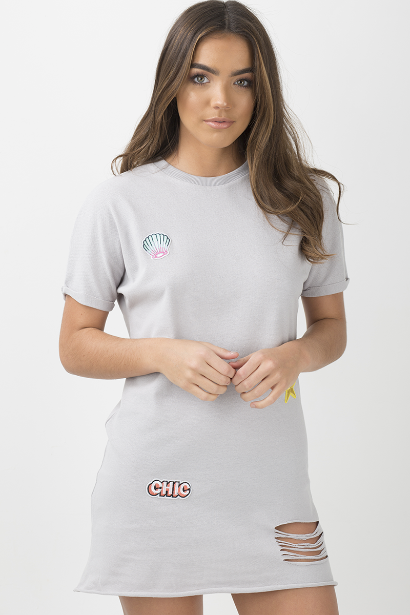 Grey Distressed Badge Detail T Shirt Dress - Kalani-Dresses