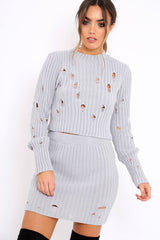 Grey Distressed Cable Knit Co-ord - Dayla-Co-ords