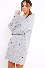 Grey Distressed Cable Knit Jumper Dress - Abea-Dresses