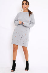 Grey Distressed Cable Knit Jumper Dress - Abea-Dresses