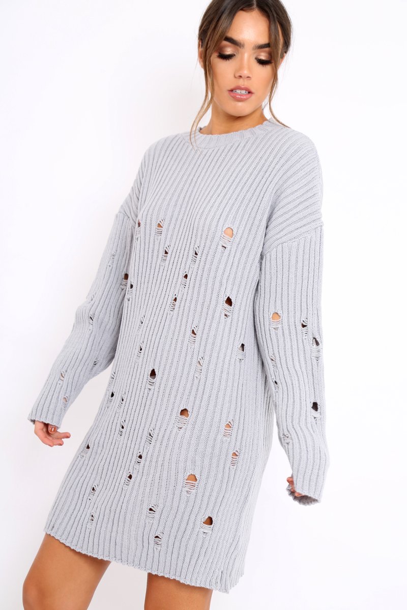 Grey Distressed Cable Knit Jumper Dress - Abea-Dresses