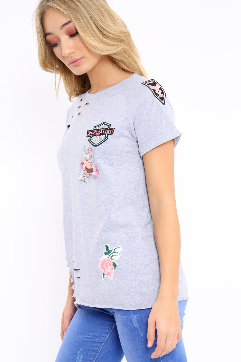 Grey Distressed Embellished T-Shirt - Arya-Tops