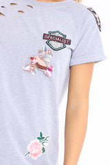 Grey Distressed Embellished T-Shirt - Arya-Tops