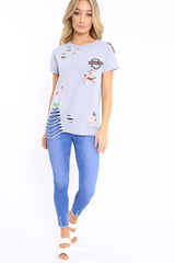 Grey Distressed Embellished T-Shirt - Arya-Tops