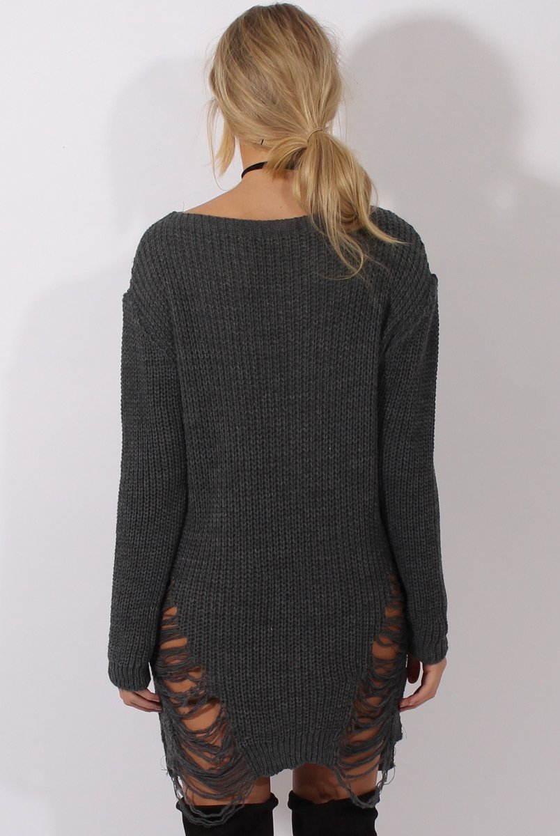 Grey Distressed Jumper Dress - Kim-Jumper