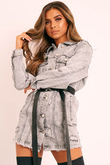 Grey Distressed Long Sleeve Denim Shirt Dress - Jacia-Dresses