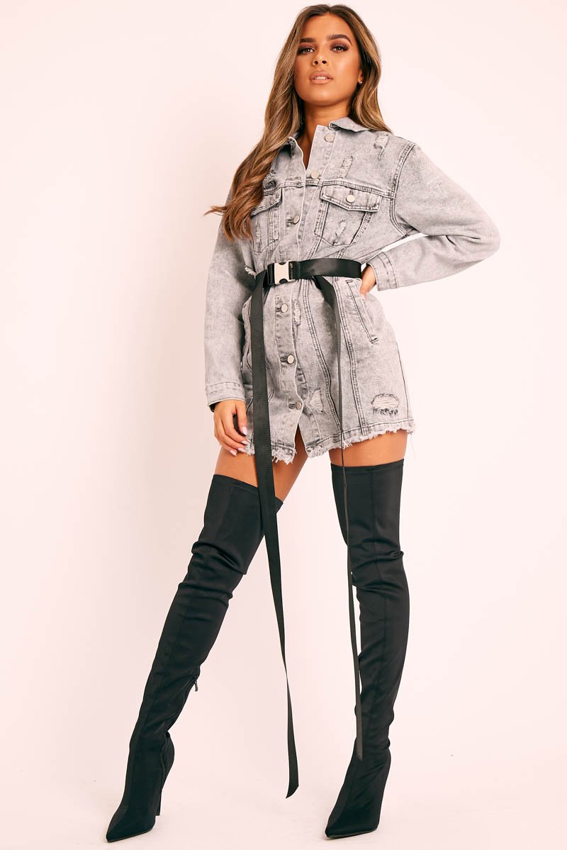 Grey Distressed Long Sleeve Denim Shirt Dress - Jacia-Dresses