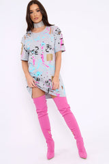 Grey Distressed Paint Splatter T-Shirt Dress - Masa-Dresses