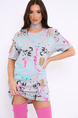 Grey Distressed Paint Splatter T-Shirt Dress - Masa-Dresses