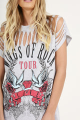 Grey Distressed 'Wings Of Rock Tour' Print T-Shirt - Mischa-T-shirt