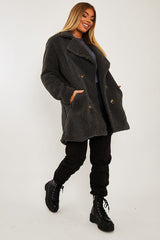 Grey Double Breasted Button Front Teddy Coat - Maizee-Coats