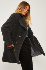 Grey Double Breasted Button Front Teddy Coat - Maizee-Coats