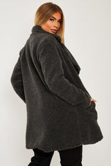 Grey Double Breasted Button Front Teddy Coat - Maizee-Coats