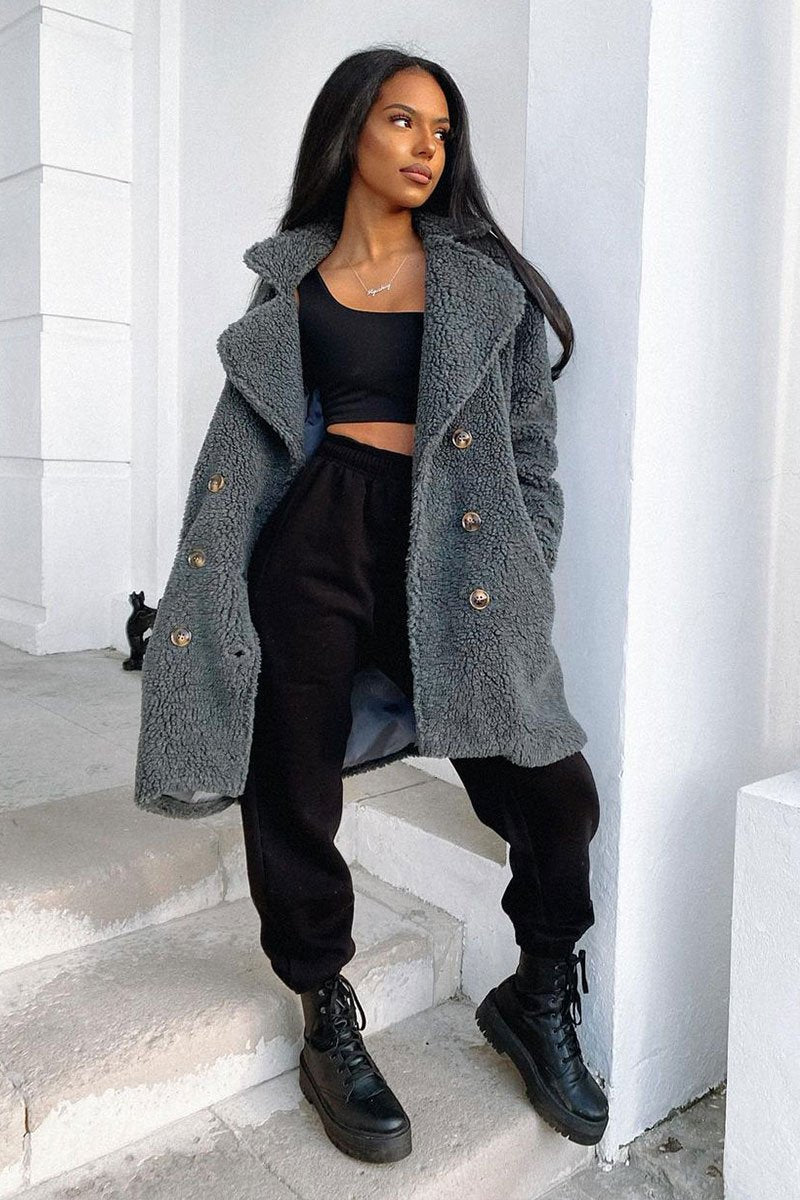 Grey Double Breasted Button Front Teddy Coat - Maizee-Coats
