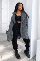 Grey Double Breasted Button Front Teddy Coat - Maizee-Coats