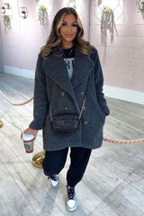 Grey Double Breasted Button Front Teddy Coat - Maizee-Coats