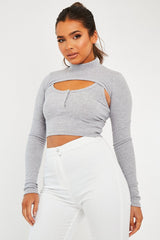 Grey Double Layer High Neck Crop Top - Mahani-Crop Tops