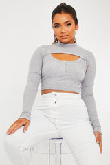 Grey Double Layer High Neck Crop Top - Mahani-Crop Tops