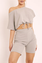 Grey Drawstring Top Cycling Short Loungewear Co-ord - Krissa-Loungewear