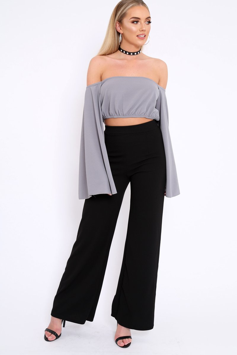 Grey Extreme Flared Sleeved Crop Top - Dalis-Crop Tops