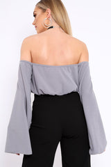Grey Extreme Flared Sleeved Crop Top - Dalis-Crop Tops