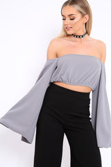 Grey Extreme Flared Sleeved Crop Top - Dalis-Crop Tops