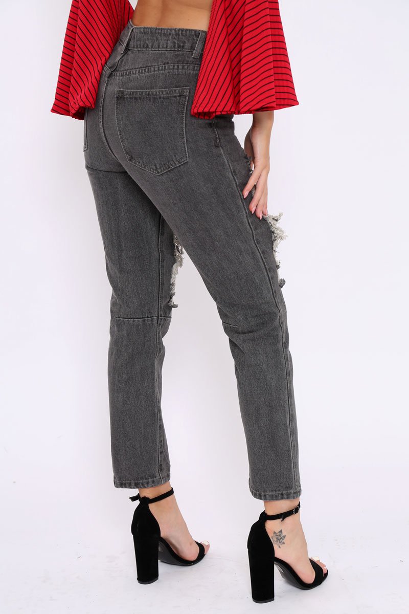 Grey Extreme Rip Mom Jeans - Edelin-Jeans
