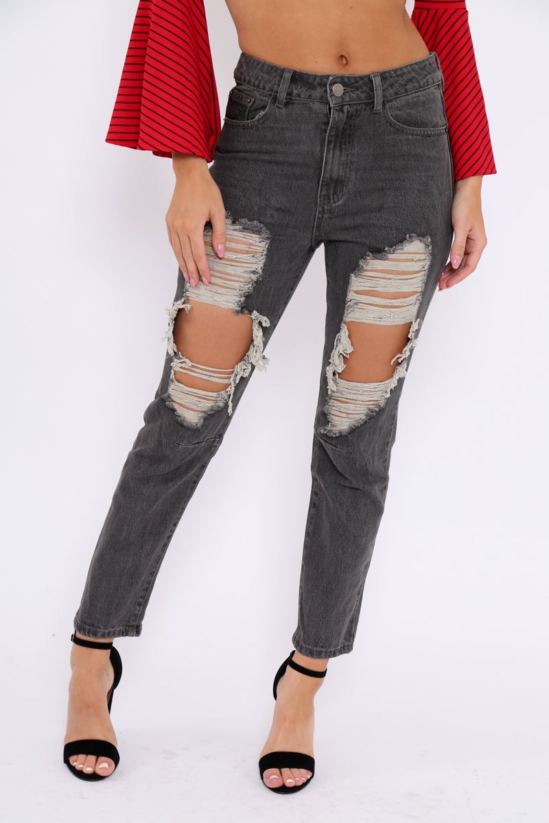 Grey Extreme Rip Mom Jeans - Edelin-Jeans