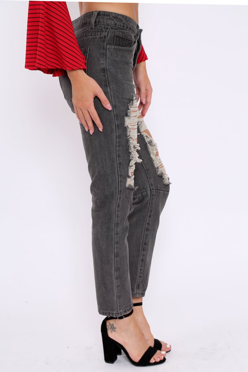 Grey Extreme Rip Mom Jeans - Edelin-Jeans