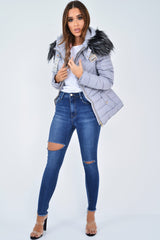 Grey Faux Fur Hood Gold Detail Puffer Coat - Rylah-Coats