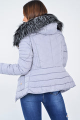 Grey Faux Fur Hood Gold Detail Puffer Coat - Rylah-Coats