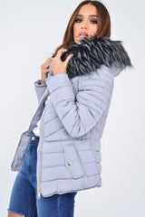 Grey Faux Fur Hood Gold Detail Puffer Coat - Rylah-Coats