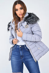Grey Faux Fur Hood Gold Detail Puffer Coat - Rylah-Coats