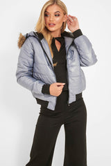 Grey Faux Fur Hooded Puffer Coat - Kamorah-Coats