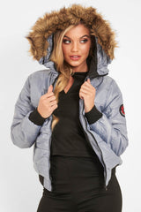 Grey Faux Fur Hooded Puffer Coat - Kamorah-Coats