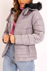 Grey Faux Fur Trim Hood Padded Coat - Jessabelle-Coats