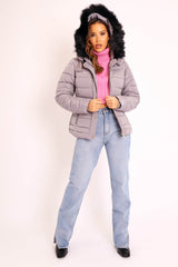 Grey Faux Fur Trim Hood Padded Coat - Jessabelle-Coats