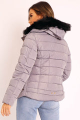 Grey Faux Fur Trim Hood Padded Coat - Jessabelle-Coats