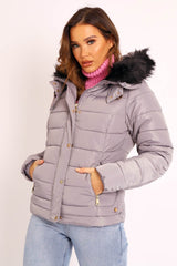 Grey Faux Fur Trim Hood Padded Coat - Jessabelle-Coats