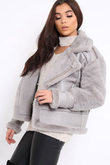 Grey Faux Leather And Fur Jacket - Rhea-Jackets