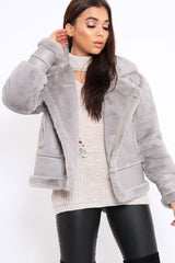 Grey Faux Leather And Fur Jacket - Rhea-Jackets
