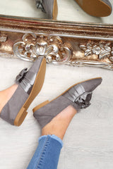 Grey Faux Suede Bow Front Loafers - Geena-Flats